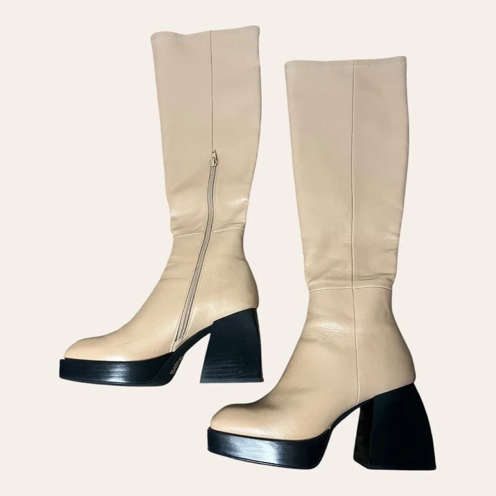 Jeffrey Campbell Dauphin Over The Knee Tan Boots Square Toe Platform Heel 8.5 - Picture 7 of 13